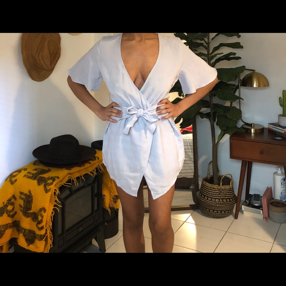 Cotton Candy Blue Linen Wrap Romper